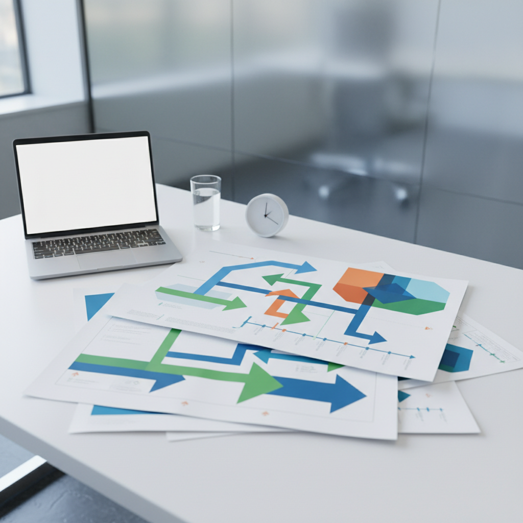 A clean white desk showcasing a detailed business transformation roadmap spread across several large sheets of paper, illustrated with bold geometric arrows, timelines, and layered shapes instead of words. A slim, silver laptop sits partially open beside a clear glass of water and a small, minimalist clock. Behind the desk is a frosted glass wall with subtle reflections, suggesting a modern corporate office. Cool, diffused light from an unseen window creates a calm, analytical mood, with soft shadows emphasizing the layered paper edges. Photographic realism, captured from a high, three-quarter angle, communicates structured strategic consulting and long-term planning.