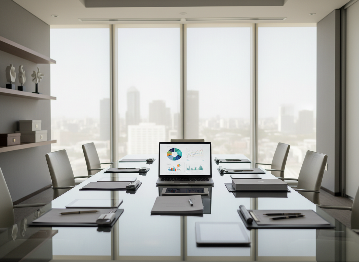 A large, sleek glass conference table covered with neatly arranged documents, metallic pens, and an open, high-resolution laptop showing abstract charts and graphs without readable text. The room is a modern executive boardroom with floor-to-ceiling windows revealing a blurred city skyline, neutral gray walls, and minimalist shelving with a few sculptural objects. Soft daylight diffuses through sheer shades, casting gentle reflections across the polished tabletop. Photographic realism at eye level, with the foreground in sharp focus and the background softly blurred, creates a professional, strategic atmosphere that communicates high-level corporate consultancy without showing any people.