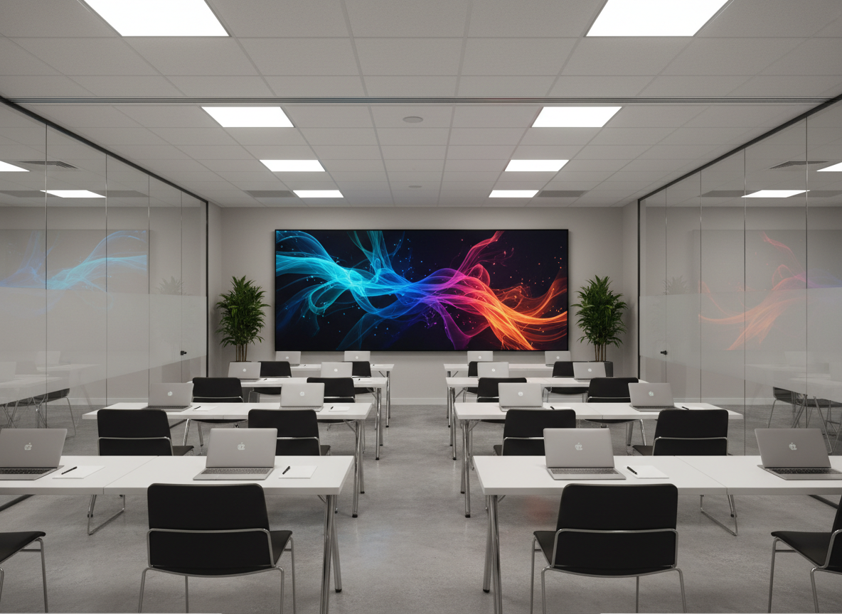 A minimalist, high-tech training room with rows of slim, modern desks, each equipped with a closed laptop and a single notepad, facing a large wall-mounted screen displaying an abstract, colorful data visualization without text. The space has neutral tones, glass partitions, and a polished concrete floor, with a few potted green plants adding life. Overhead, evenly spaced recessed lights create soft, even illumination, reducing harsh shadows. The photographic image is captured from the back of the room at eye level, with sharp focus throughout, conveying a calm, organized, and professional environment ideal for corporate training and funded learning programs.