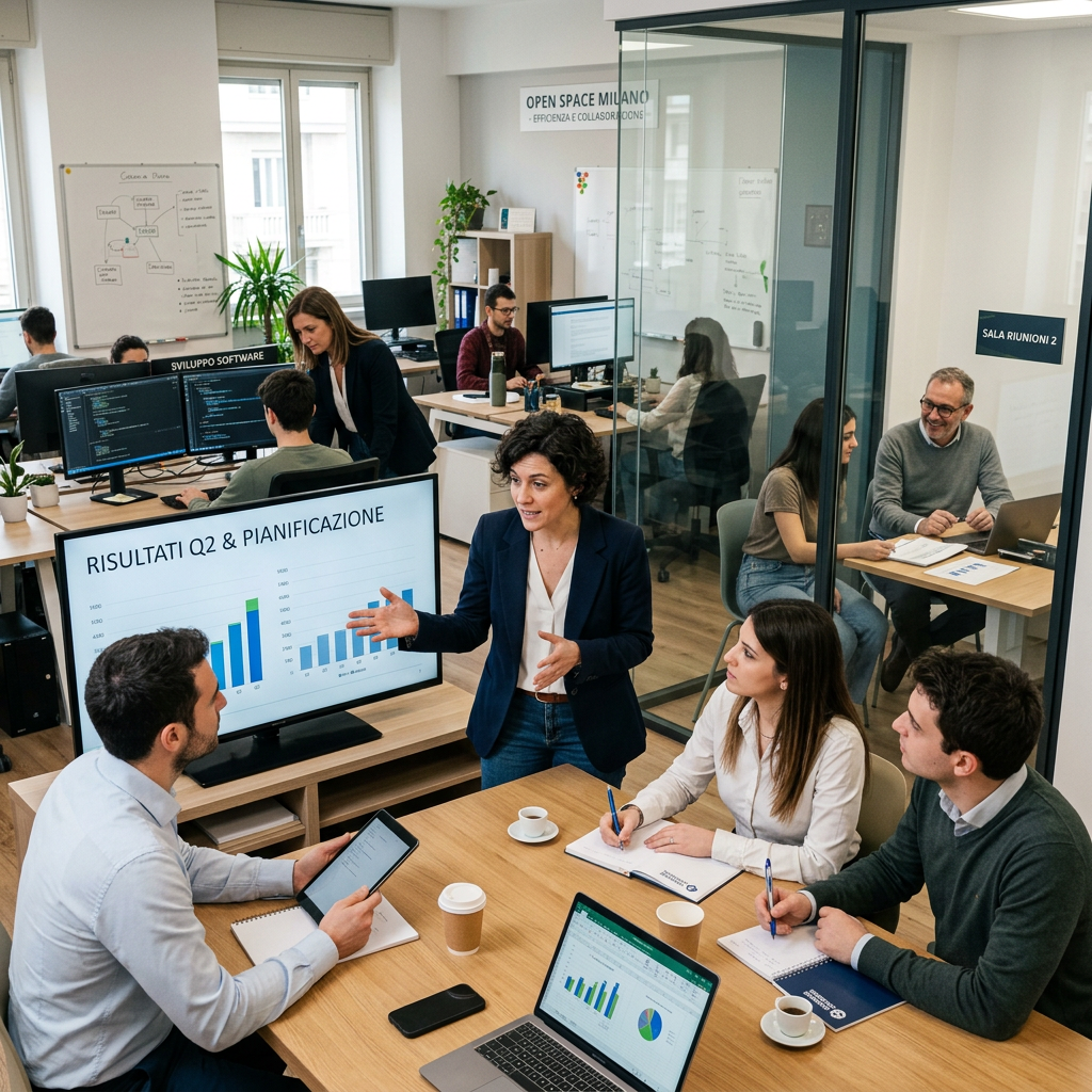 Team discussing quarterly results and planning with charts on screen