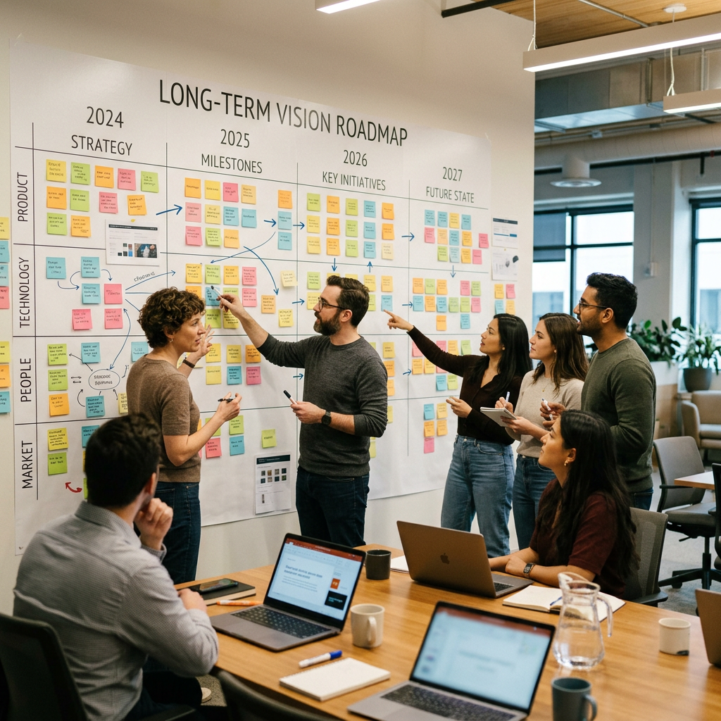 Team discussing a long-term vision roadmap with colorful sticky notes
