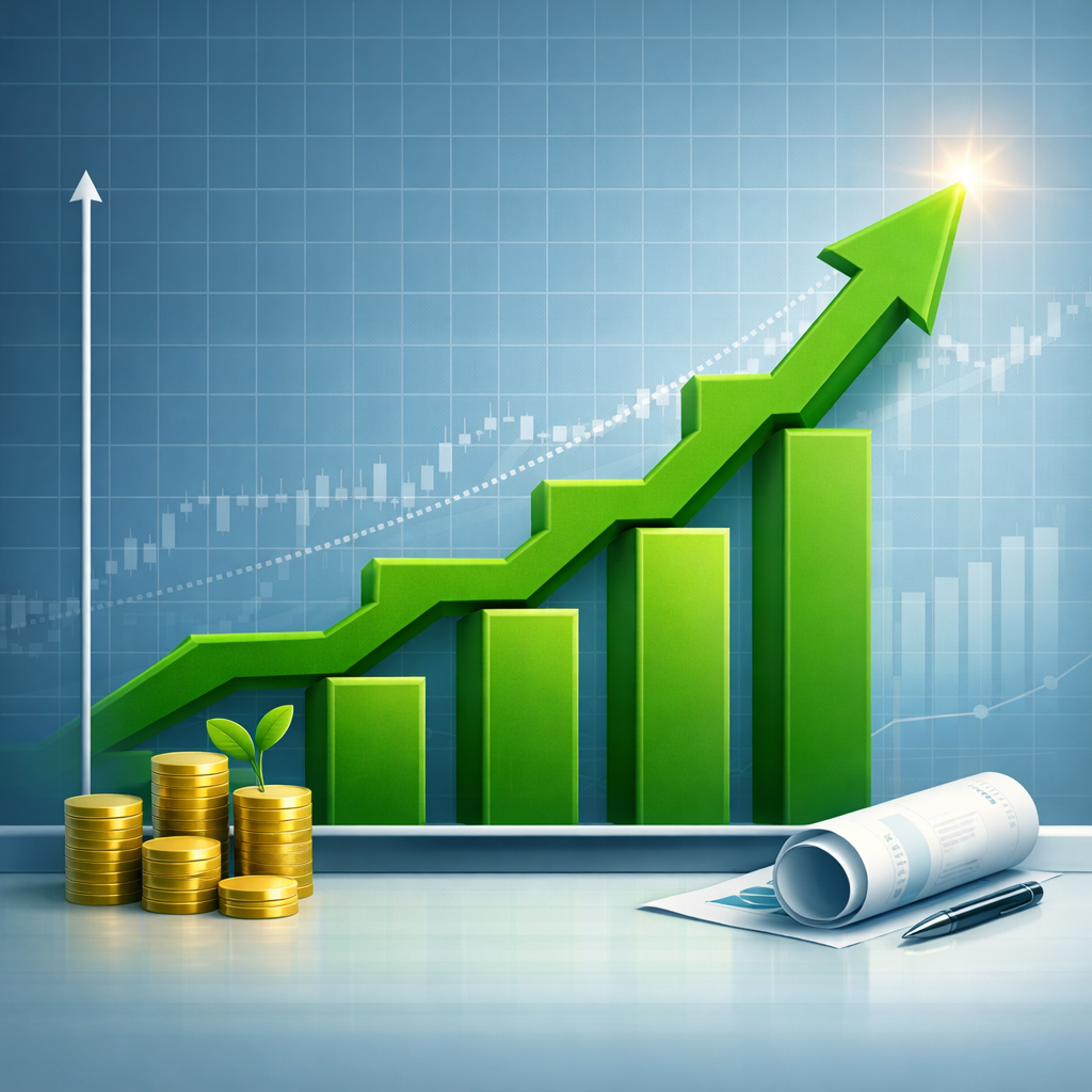 Green bar chart with upward arrow, gold coin stacks with plant, and financial documents