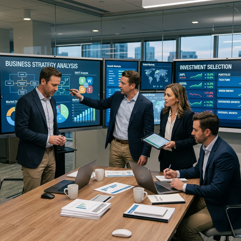 Four business professionals engaged in discussion with charts and graphs on screens
