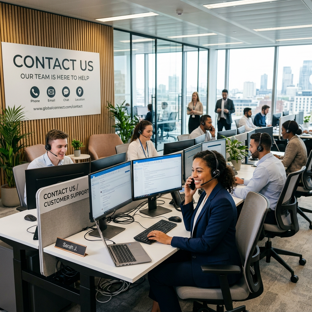 Customer support team wearing headsets working at computers in open office
