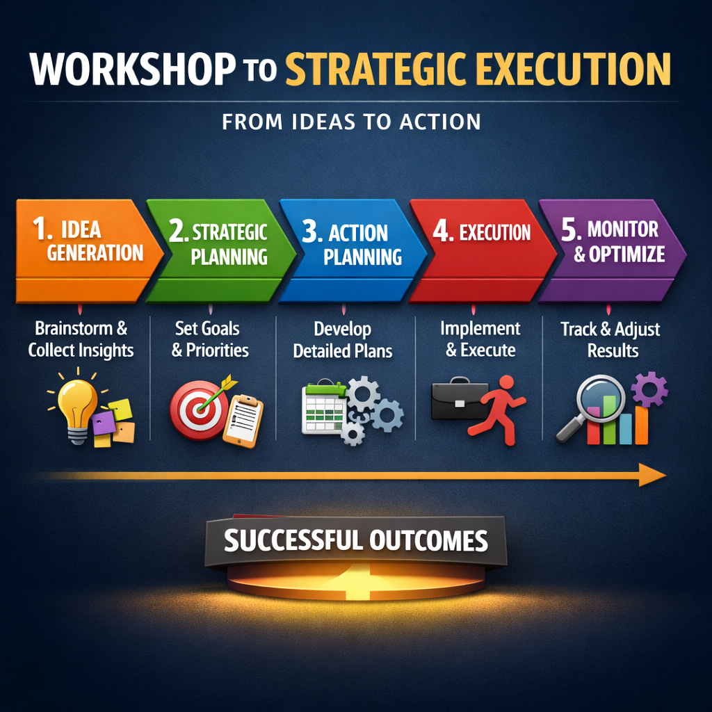 Five-step workshop process: idea generation, strategic planning, action planning, execution, monitor and optimize