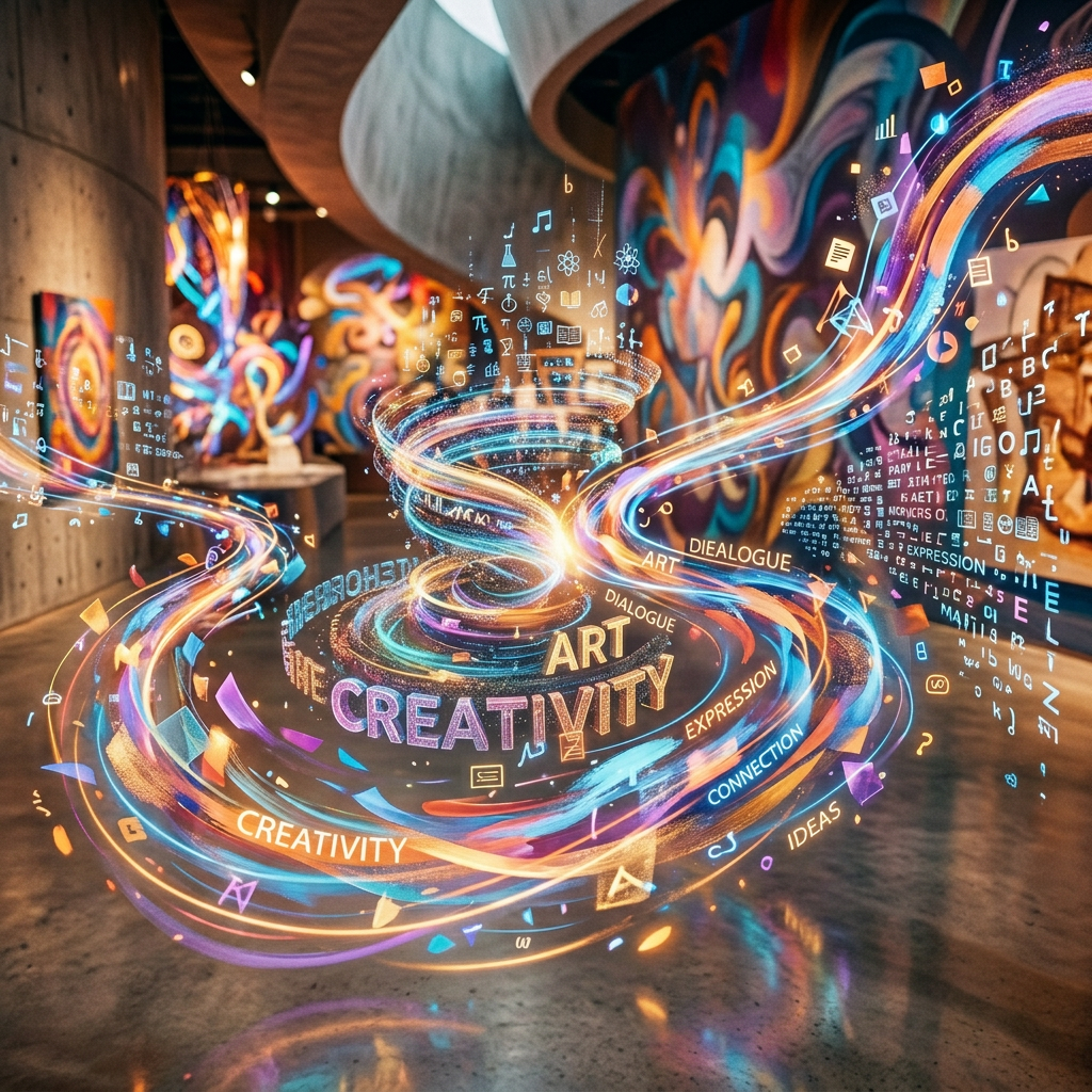 Two people having an animated conversation with swirling colorful light effects and words like creativity, dialogue, and ideas